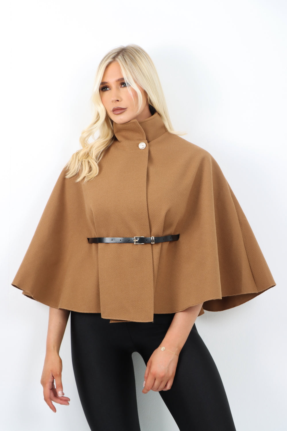 Italian Belted High Neck  Button Cape Coat