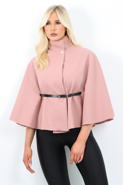 Italian Belted High Neck  Button Cape Coat