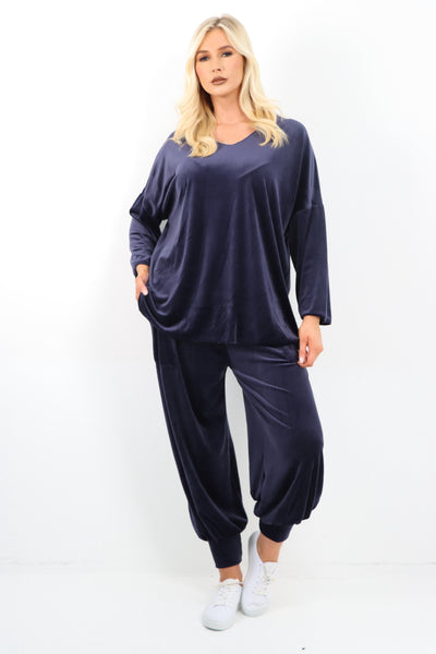 Italian V Neck Longsleeve Cuffed Leg Trouser Velour Co - Ord Set