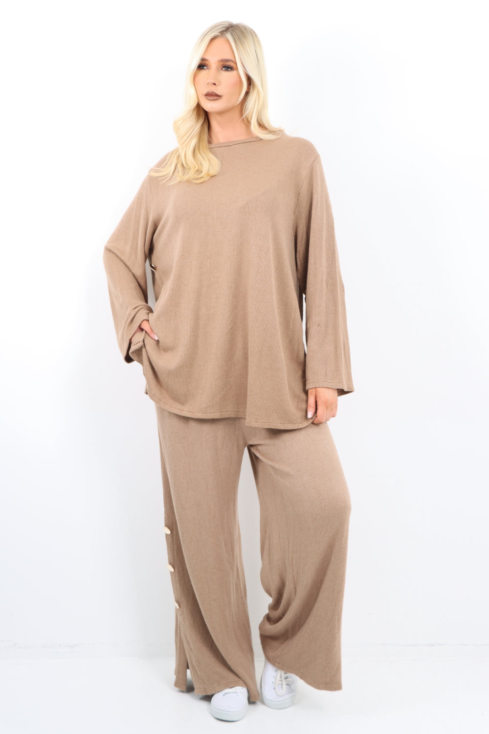 Italian Side Button Detail Top and Trouser Soft Knit Co - Ord Set