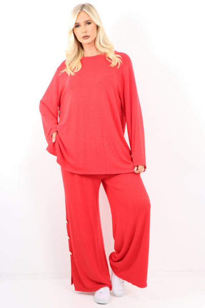 Italian Side Button Detail Top and Trouser Soft Knit Co - Ord Set