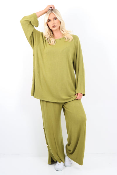 Italian Side Button Detail Top and Trouser Soft Knit Co - Ord Set