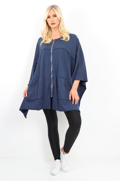 Italian Plus Size Lagenlook Zip Up Round Neck Poncho