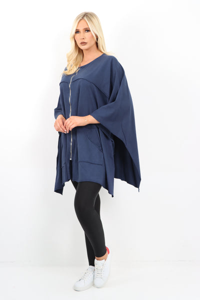 Italian Plus Size Lagenlook Zip Up Round Neck Poncho