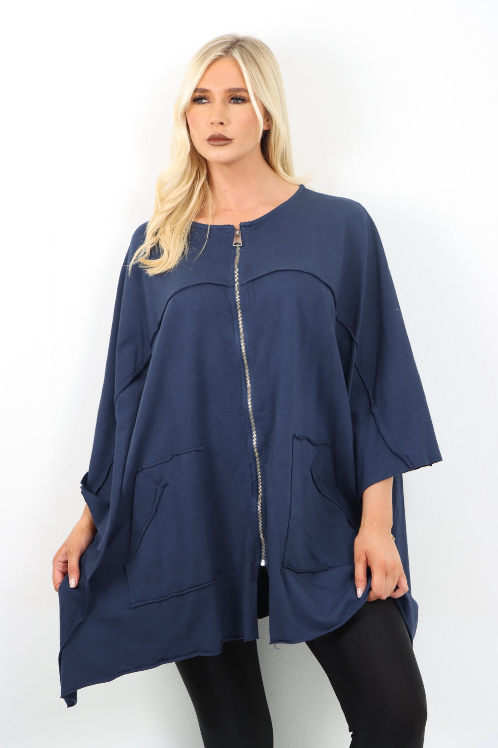 Italian Plus Size Lagenlook Zip Up Round Neck Poncho