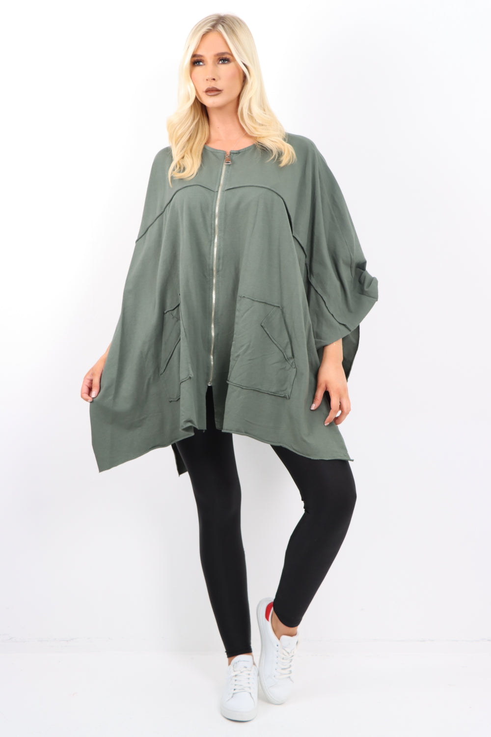 Italian Plus Size Lagenlook Zip Up Round Neck Poncho