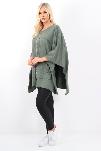 Italian Plus Size Lagenlook Zip Up Round Neck Poncho