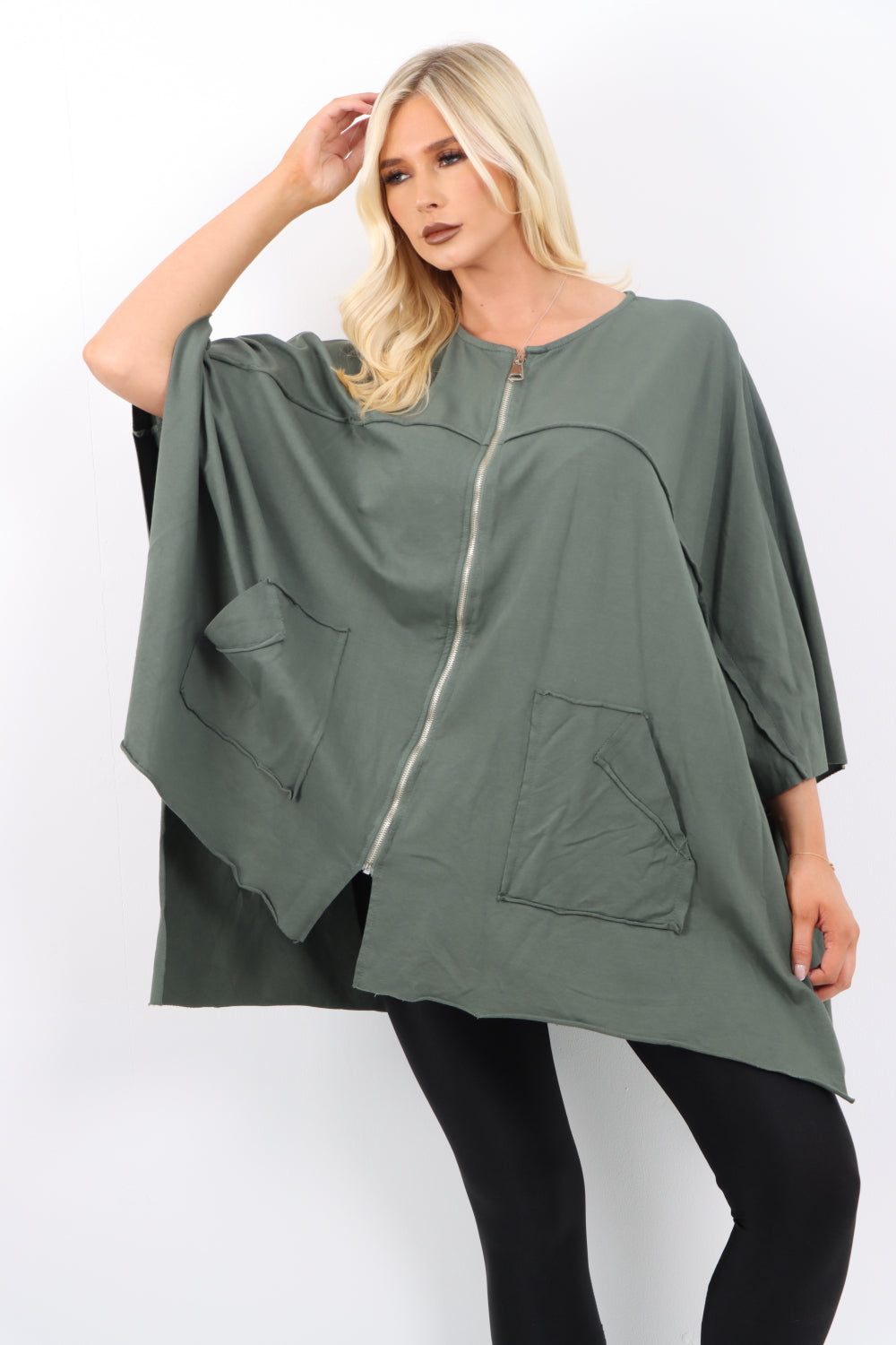 Italian Plus Size Lagenlook Zip Up Round Neck Poncho