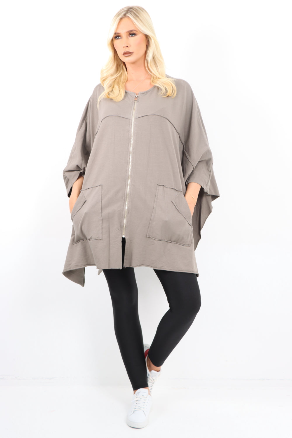 Italian Plus Size Lagenlook Zip Up Round Neck Poncho