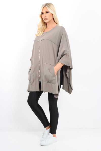 Italian Plus Size Lagenlook Zip Up Round Neck Poncho