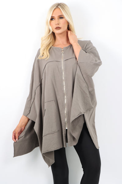 Italian Plus Size Lagenlook Zip Up Round Neck Poncho