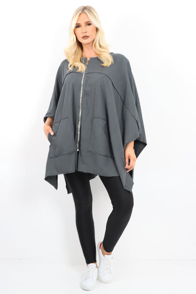 Italian Plus Size Lagenlook Zip Up Round Neck Poncho