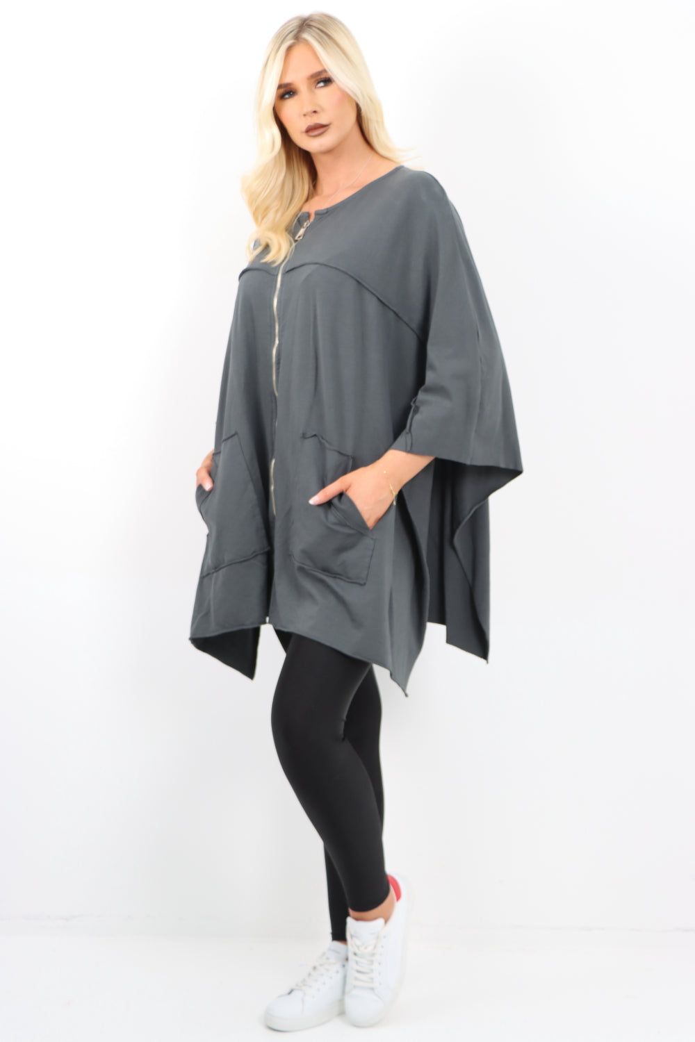 Italian Plus Size Lagenlook Zip Up Round Neck Poncho