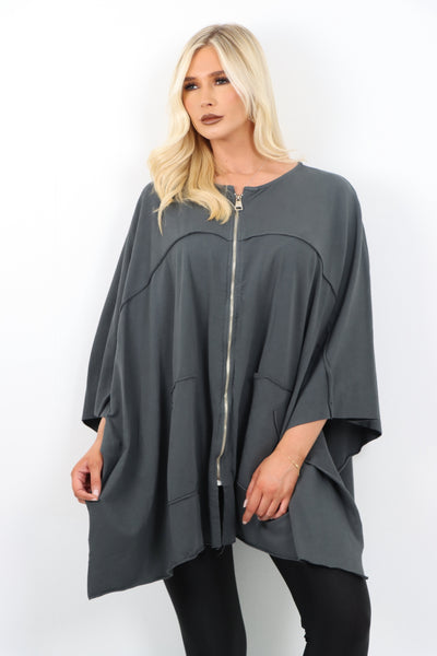 Italian Plus Size Lagenlook Zip Up Round Neck Poncho