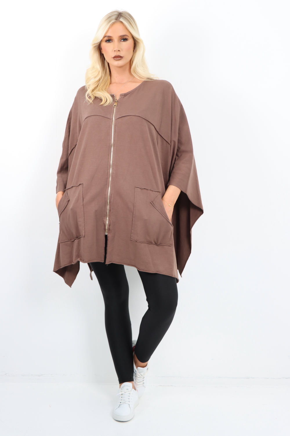 Italian Plus Size Lagenlook Zip Up Round Neck Poncho