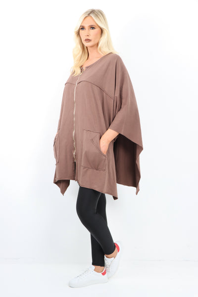 Italian Plus Size Lagenlook Zip Up Round Neck Poncho