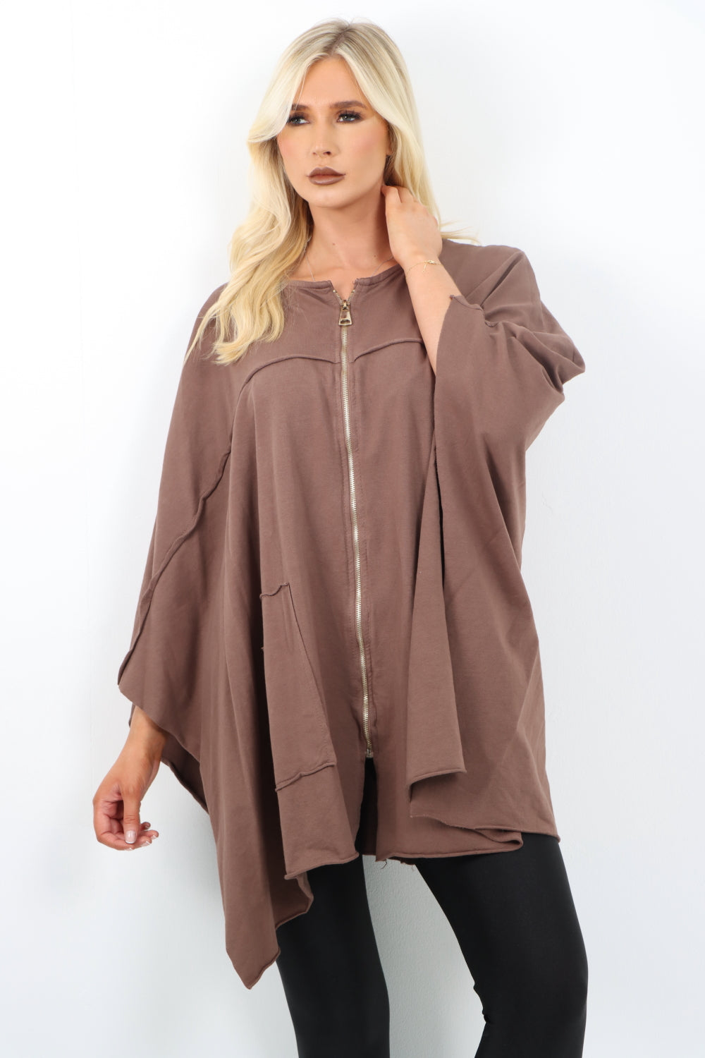 Italian Plus Size Lagenlook Zip Up Round Neck Poncho