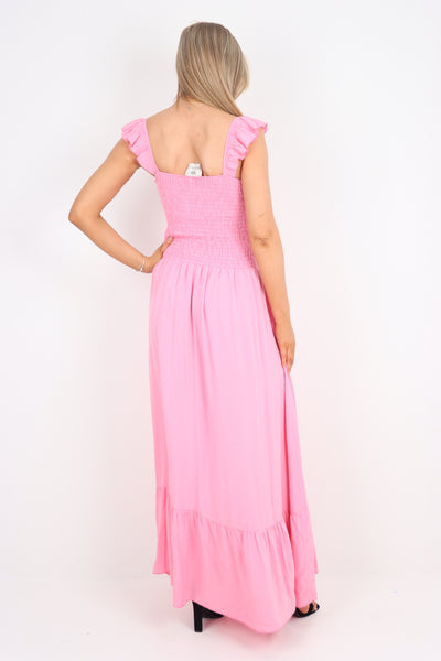 Italian Frill Strap Shirred Elasticated Tiered Maxi Dress