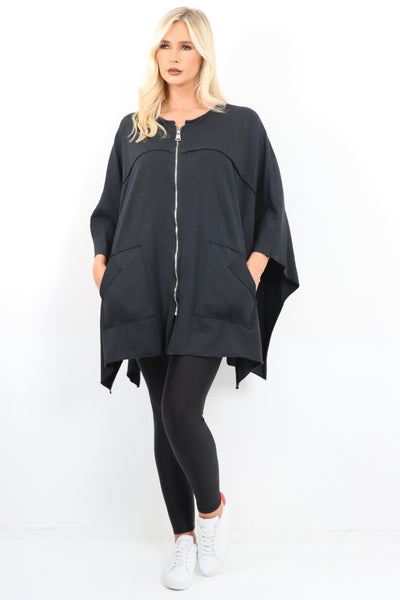 Italian Plus Size Lagenlook Zip Up Round Neck Poncho