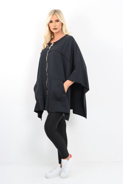 Italian Plus Size Lagenlook Zip Up Round Neck Poncho