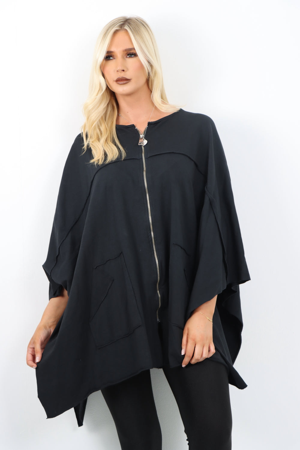 Italian Plus Size Lagenlook Zip Up Round Neck Poncho