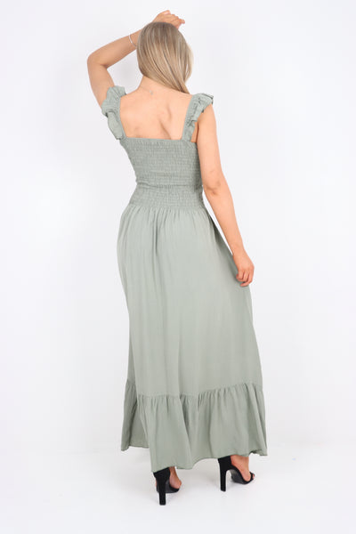 Italian Frill Strap Shirred Elasticated Tiered Maxi Dress