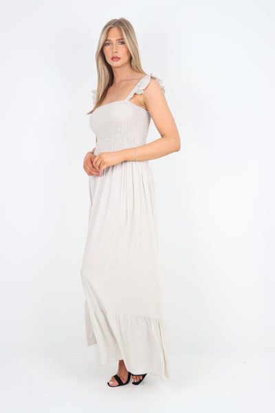 Italian Frill Strap Shirred Elasticated Tiered Maxi Dress