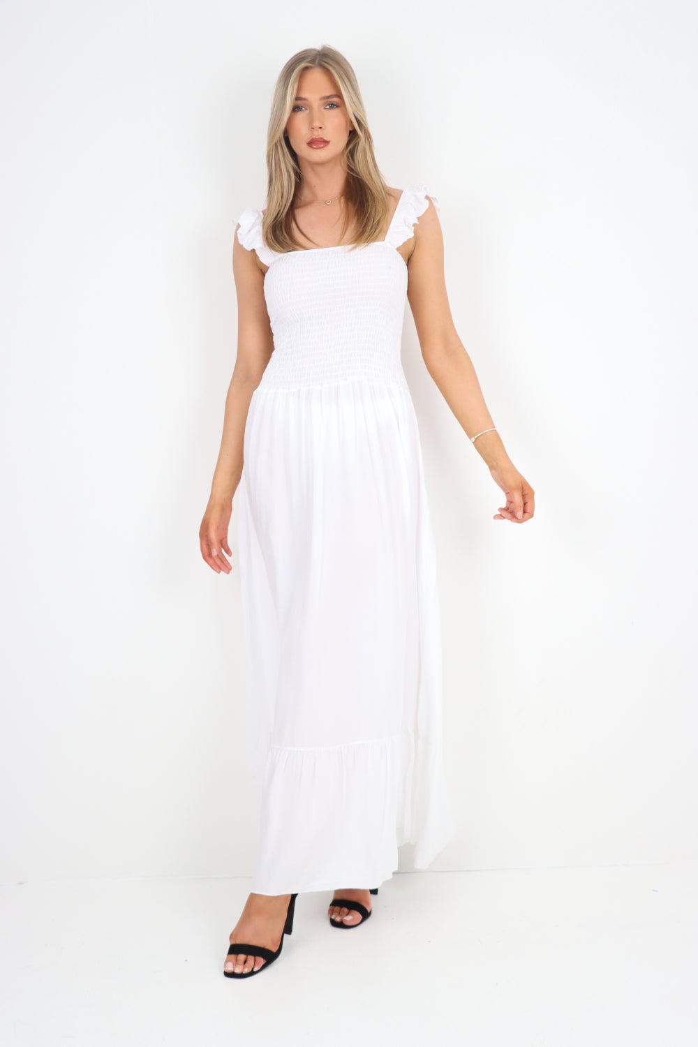 Italian Frill Strap Shirred Elasticated Tiered Maxi Dress