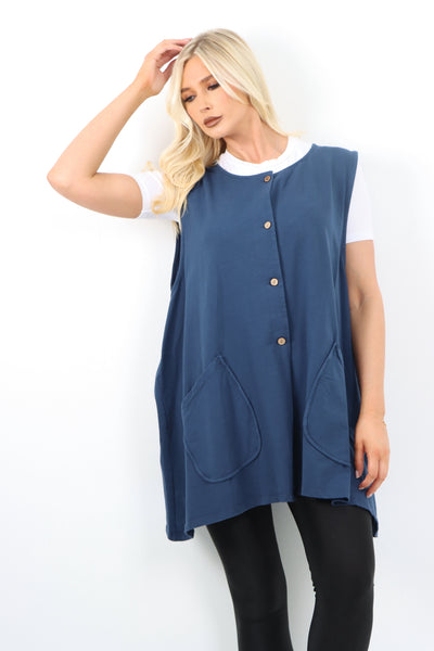 Italian Button Front Sleeveless Front Pockets Vest Tunic Top