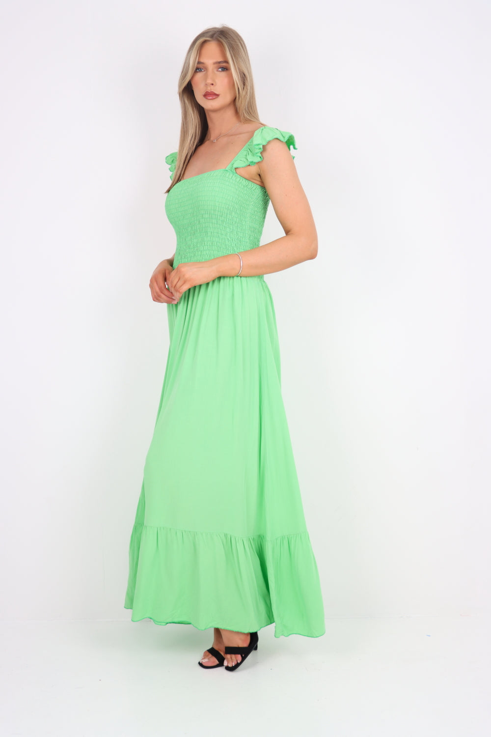 Italian Frill Strap Shirred Elasticated Tiered Maxi Dress