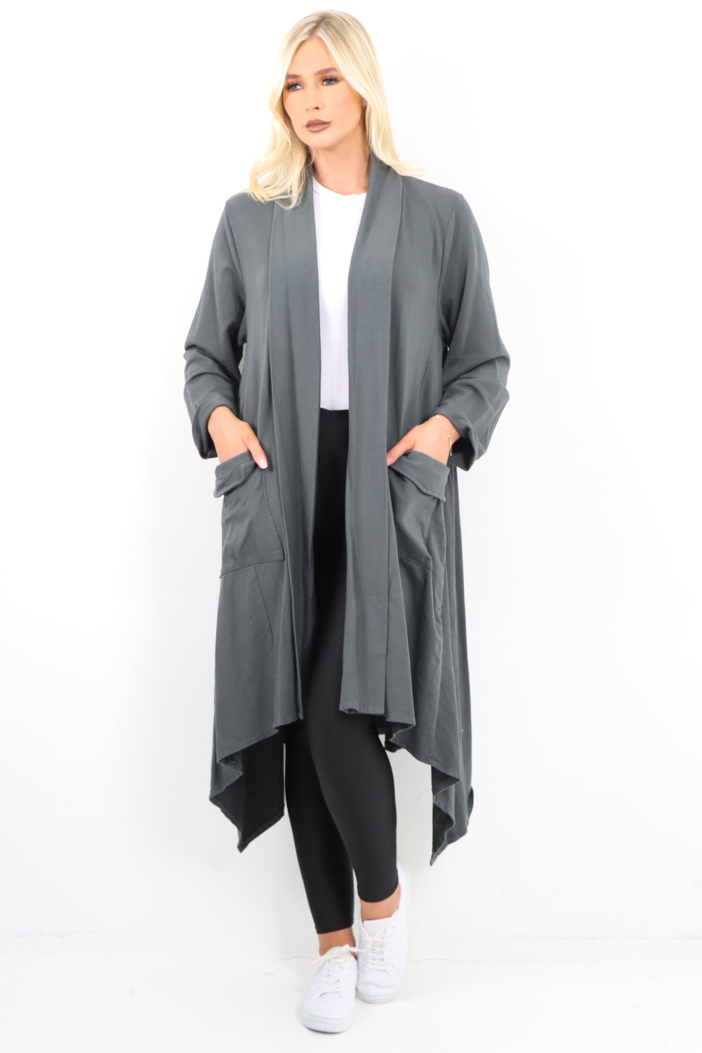 Italian Longline Waterfall Hanky Hem Open Front Longsleeve Cardigan