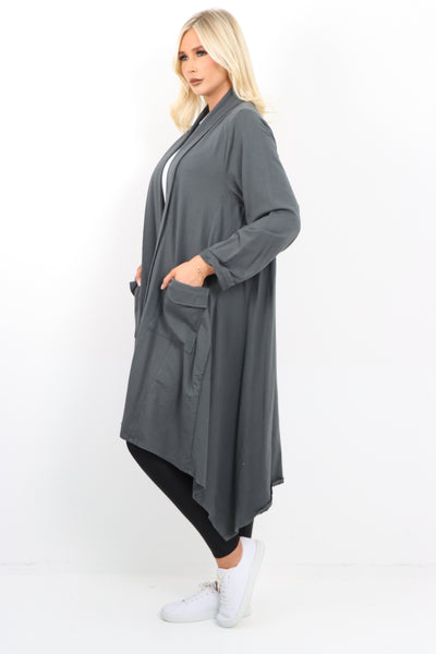 Italian Longline Waterfall Hanky Hem Open Front Longsleeve Cardigan