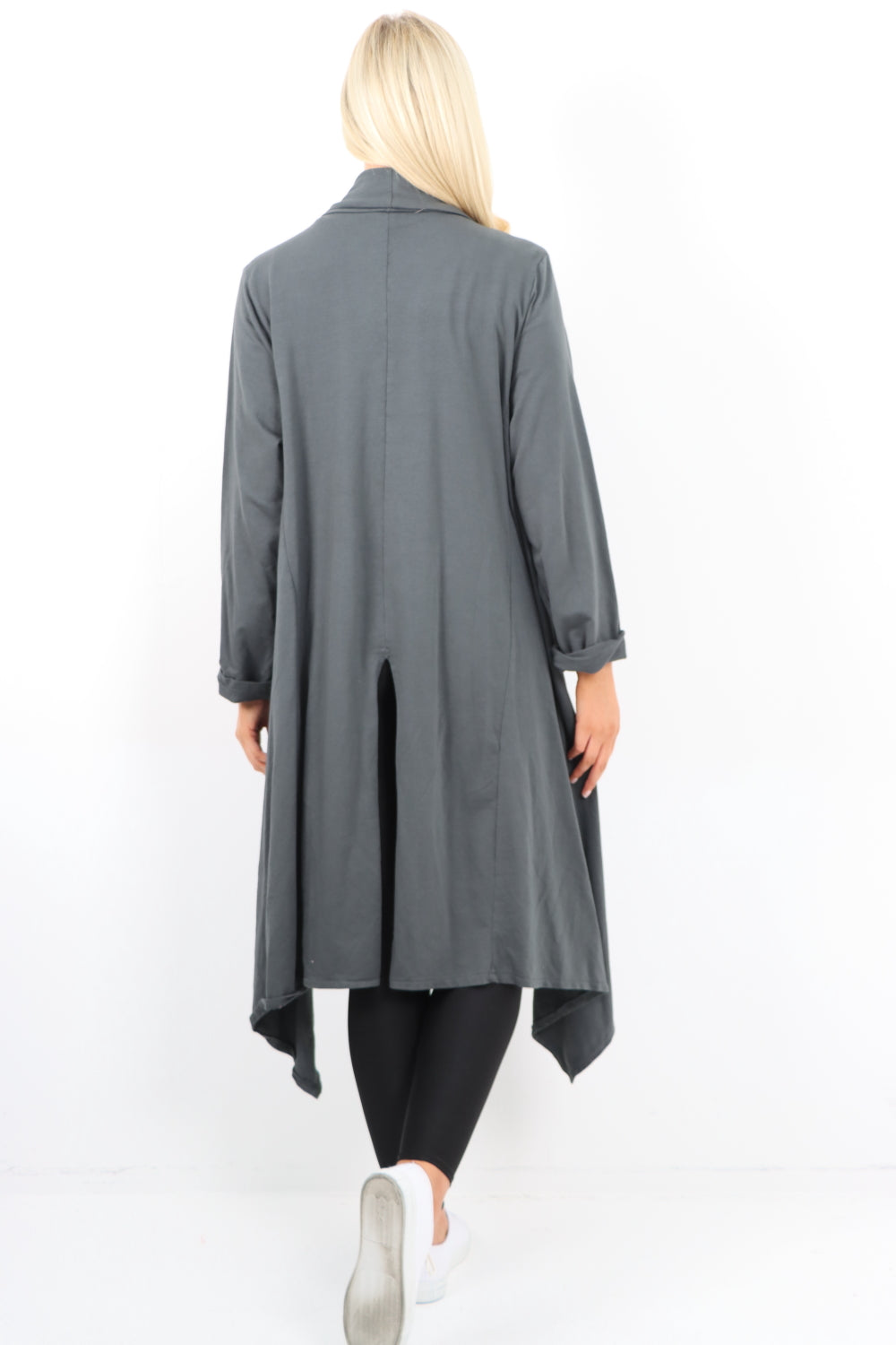 Italian Longline Waterfall Hanky Hem Open Front Longsleeve Cardigan