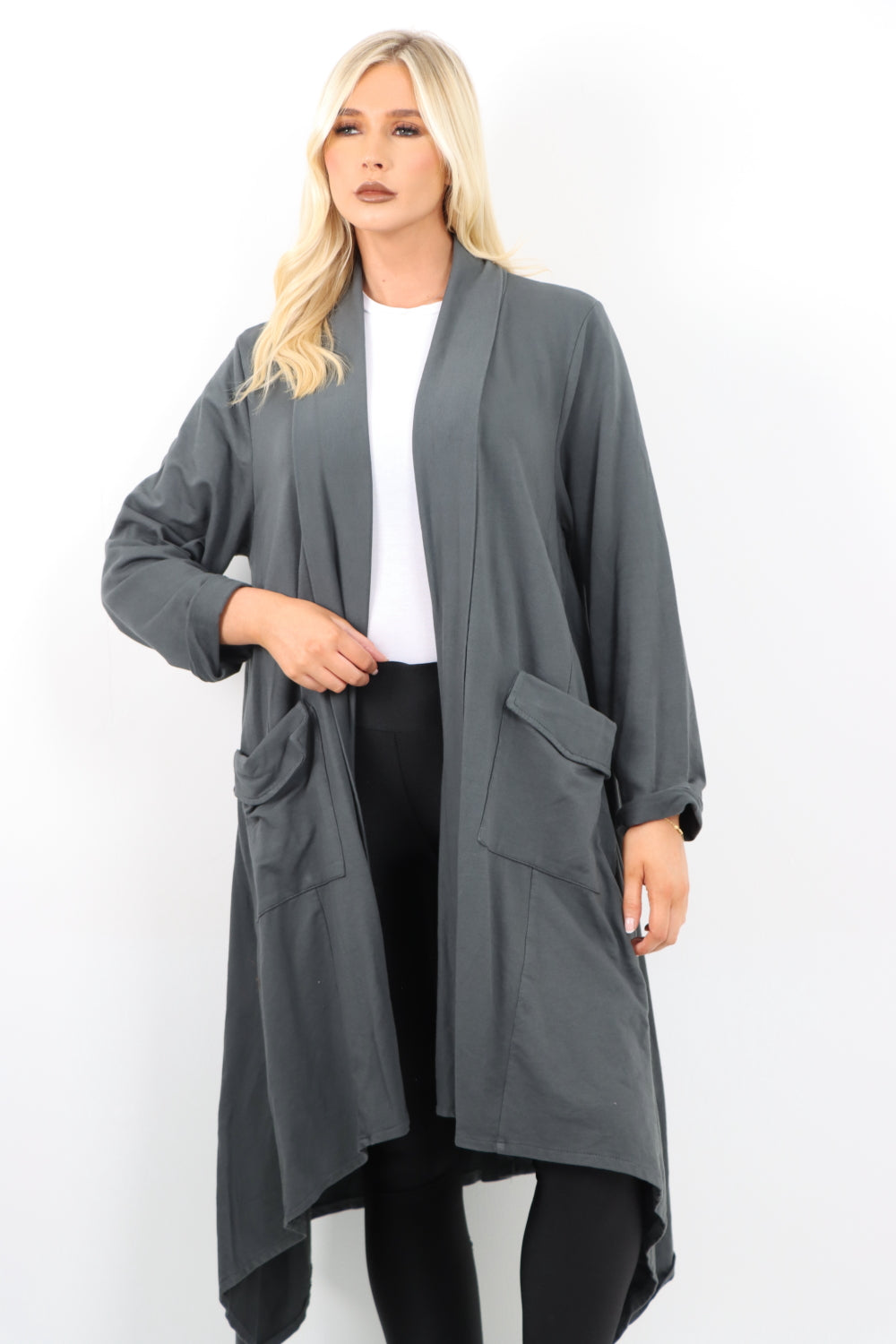 Italian Longline Waterfall Hanky Hem Open Front Longsleeve Cardigan