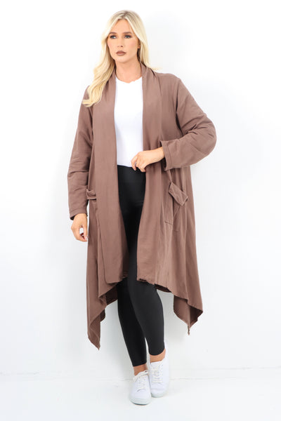 Italian Longline Waterfall Hanky Hem Open Front Longsleeve Cardigan