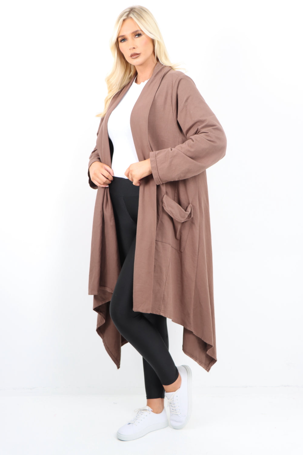 Italian Longline Waterfall Hanky Hem Open Front Longsleeve Cardigan