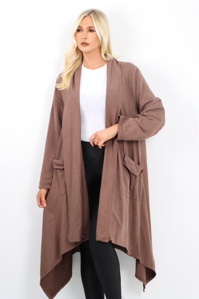 Italian Longline Waterfall Hanky Hem Open Front Longsleeve Cardigan