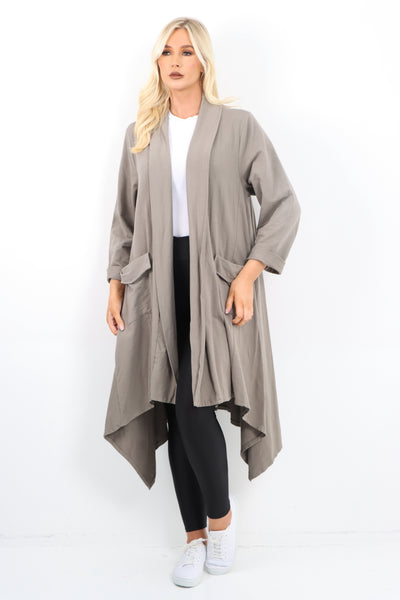 Italian Longline Waterfall Hanky Hem Open Front Longsleeve Cardigan