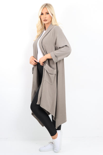 Italian Longline Waterfall Hanky Hem Open Front Longsleeve Cardigan