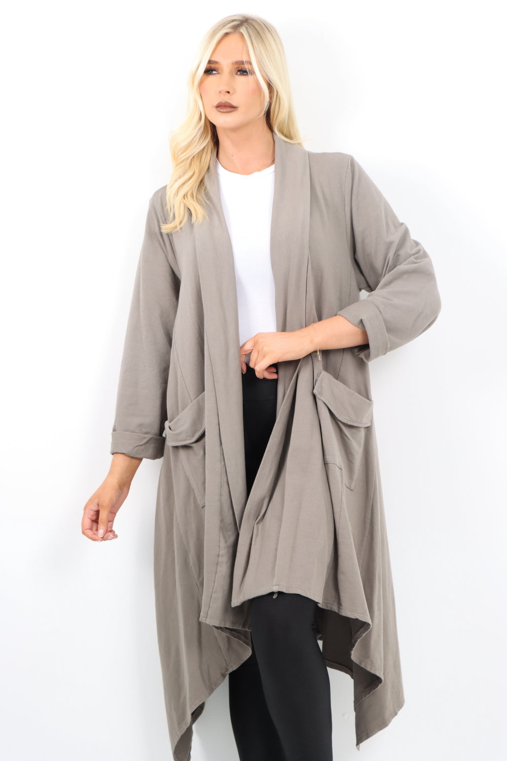 Italian Longline Waterfall Hanky Hem Open Front Longsleeve Cardigan