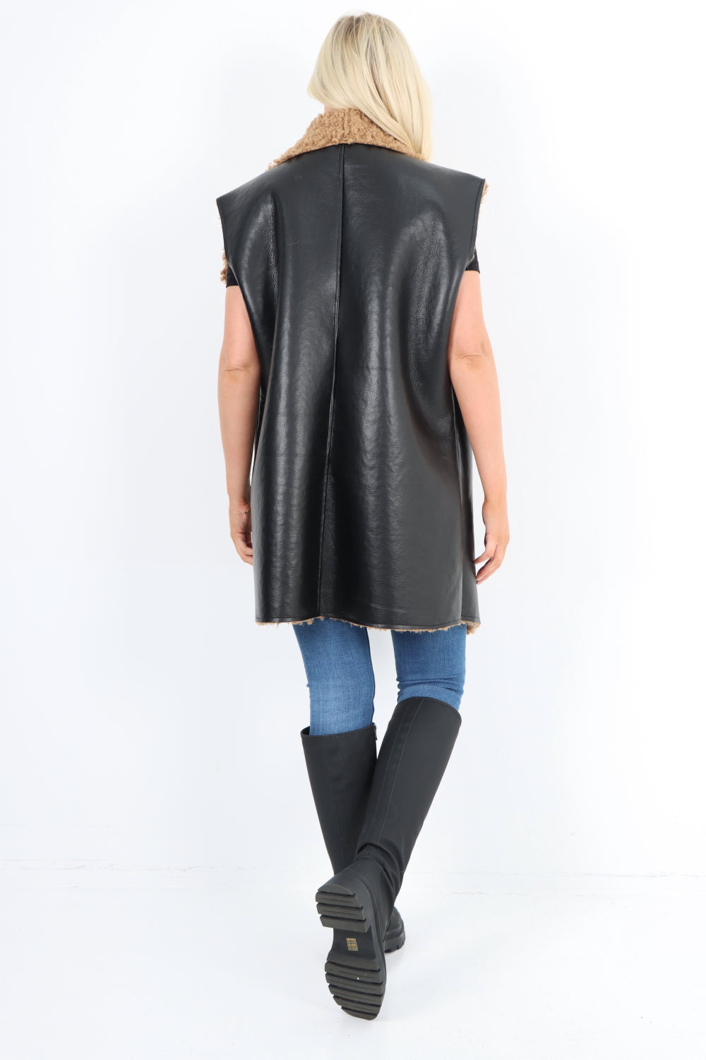 Italian Leather Look Faux Fur Lined Sleeveless Front Pockets Gilet