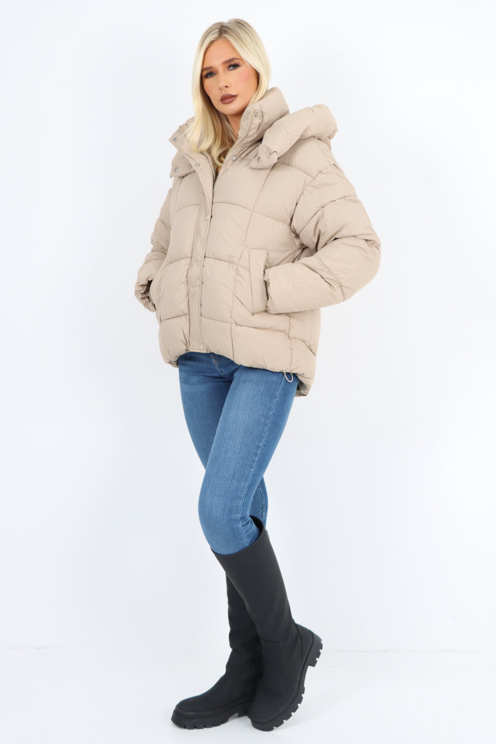 Italian Side Pocket  Padded Hooded Long Sleeve Short Jacket