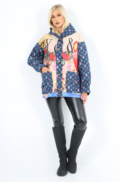 Italian Patch Work Printed Hooded Long sleeve Denim Jacket