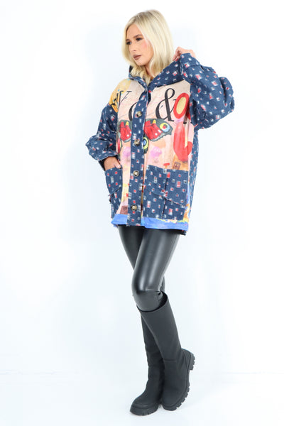 Italian Patch Work Printed Hooded Long sleeve Denim Jacket