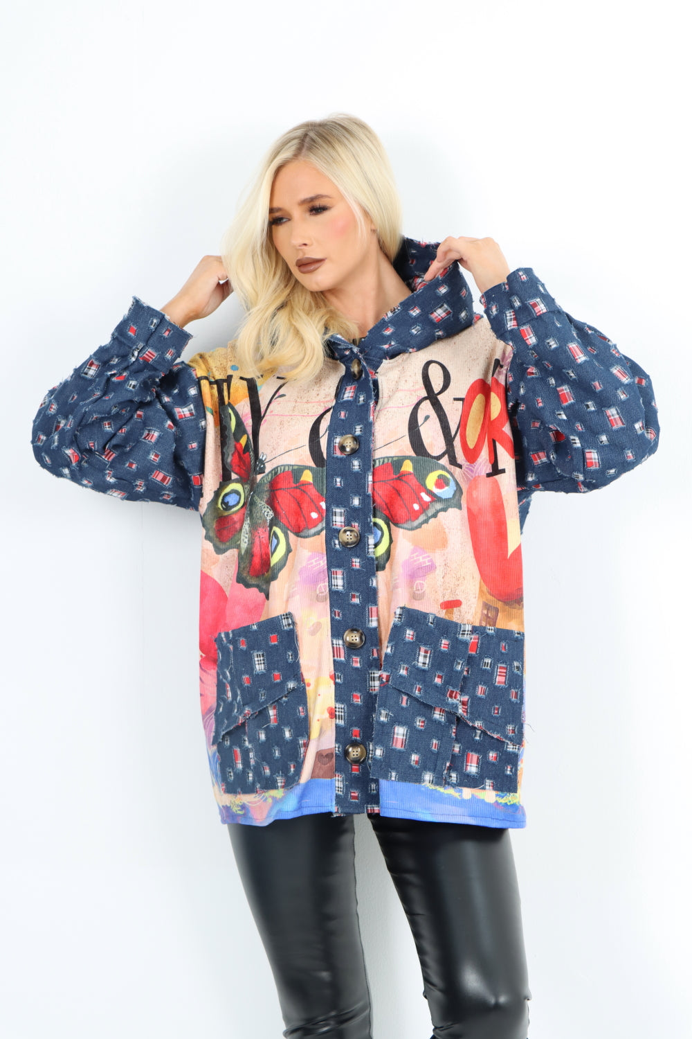 Italian Patch Work Printed Hooded Long sleeve Denim Jacket