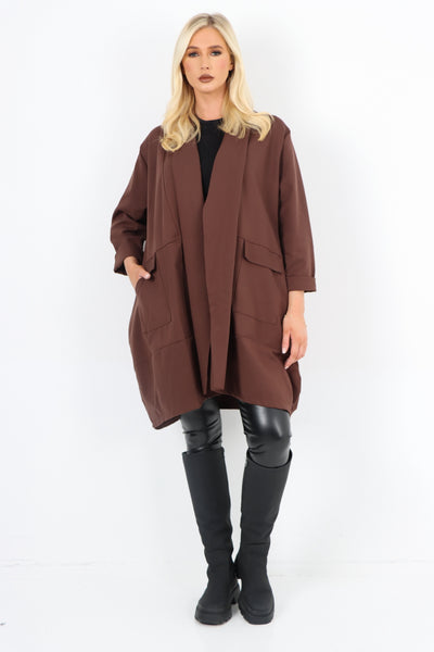 Italian Two Pocket Open Front Long Sleeve Waterfall Blazer Coat