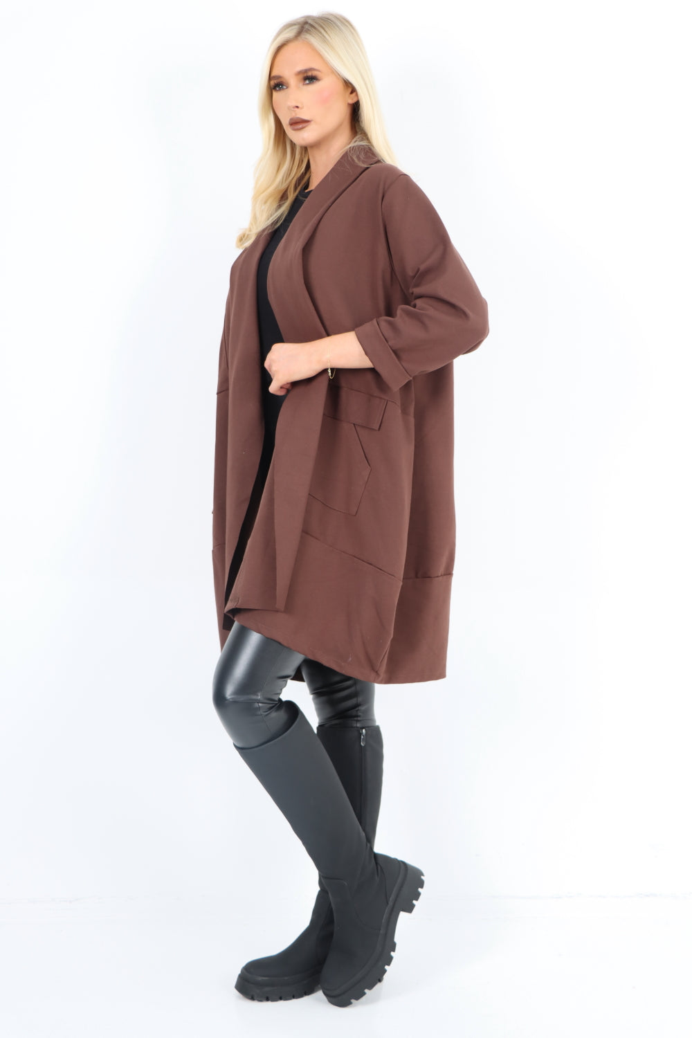 Italian Two Pocket Open Front Long Sleeve Waterfall Blazer Coat