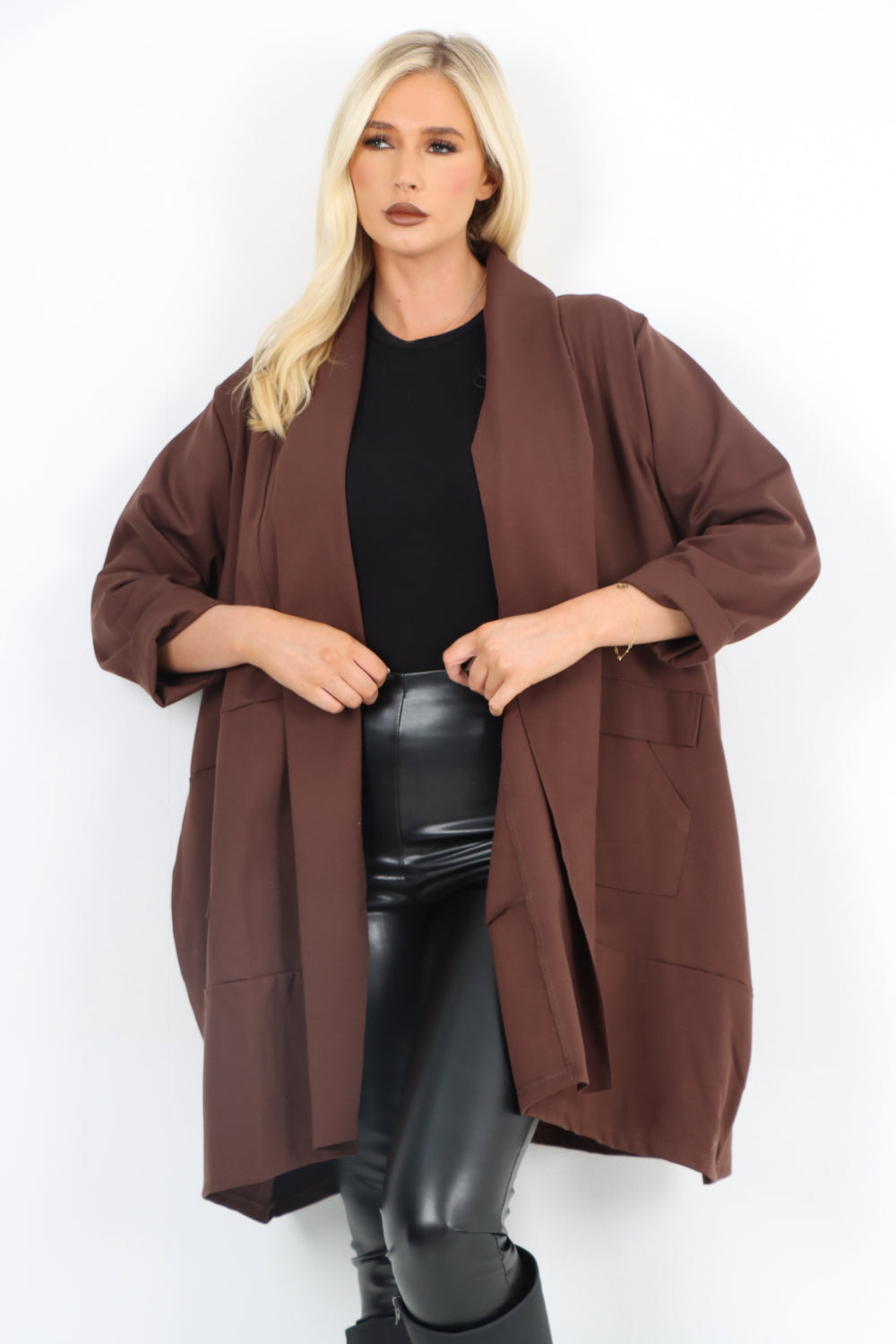 Italian Two Pocket Open Front Long Sleeve Waterfall Blazer Coat