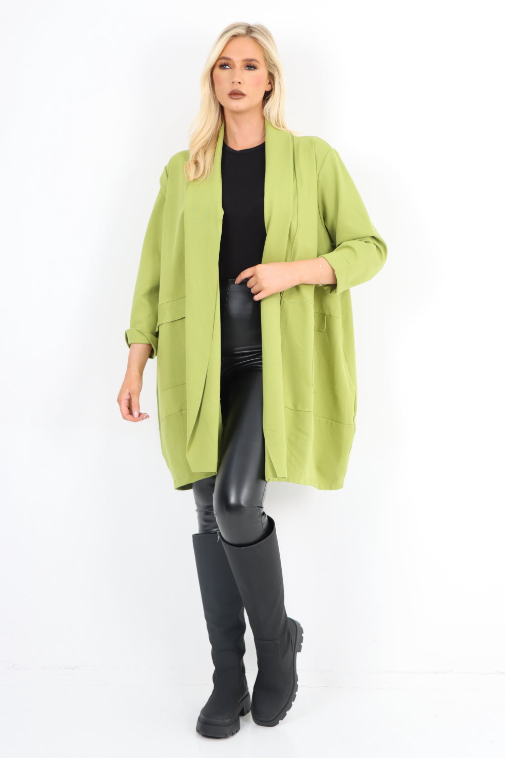 Italian Two Pocket Open Front Long Sleeve Waterfall Blazer Coat