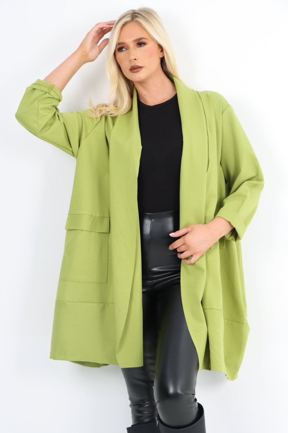 Italian Two Pocket Open Front Long Sleeve Waterfall Blazer Coat